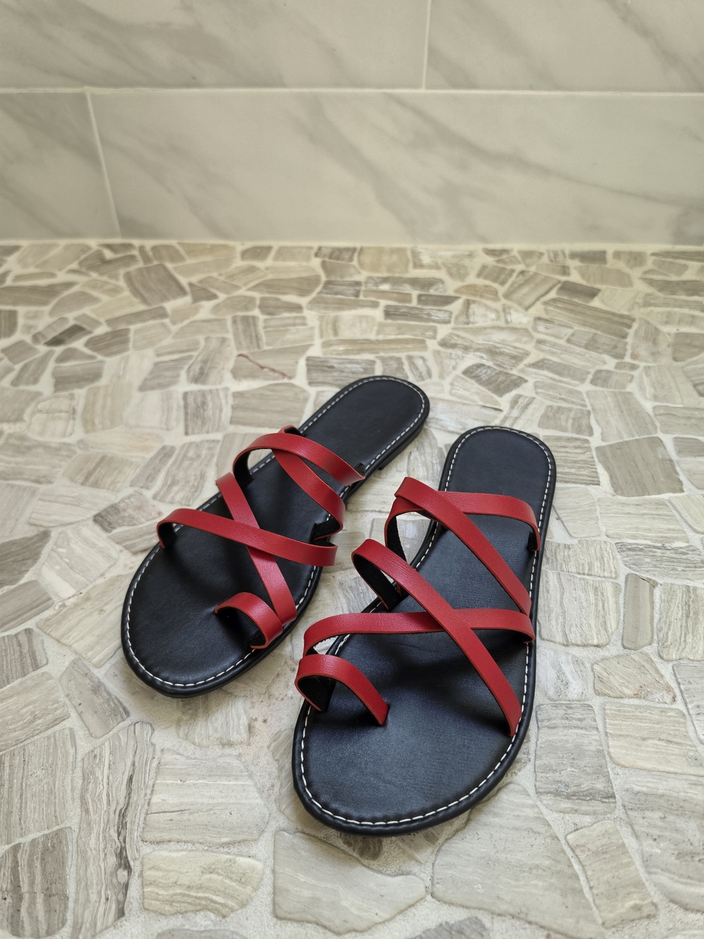 Women's Red Strappy Slide Sandals - Black Footbed
